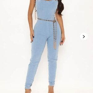 Fashion Nova Blue Jumpsuit with High-Waisted Fit and Braided Belt